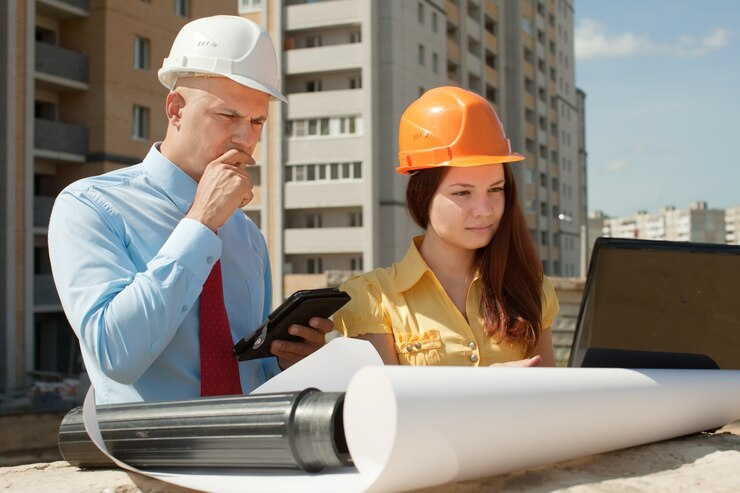 Architects reviewing blueprints at a construction site