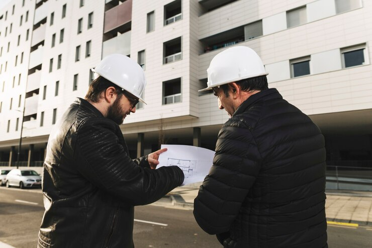 Draftsmen discussing blueprints and construction plans