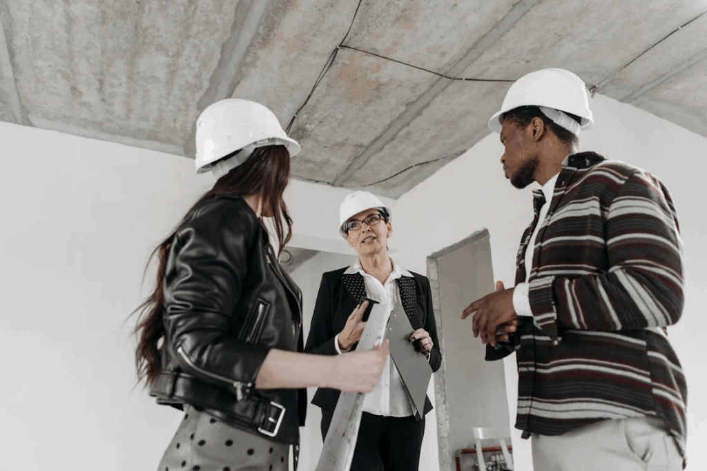Construction workers talking