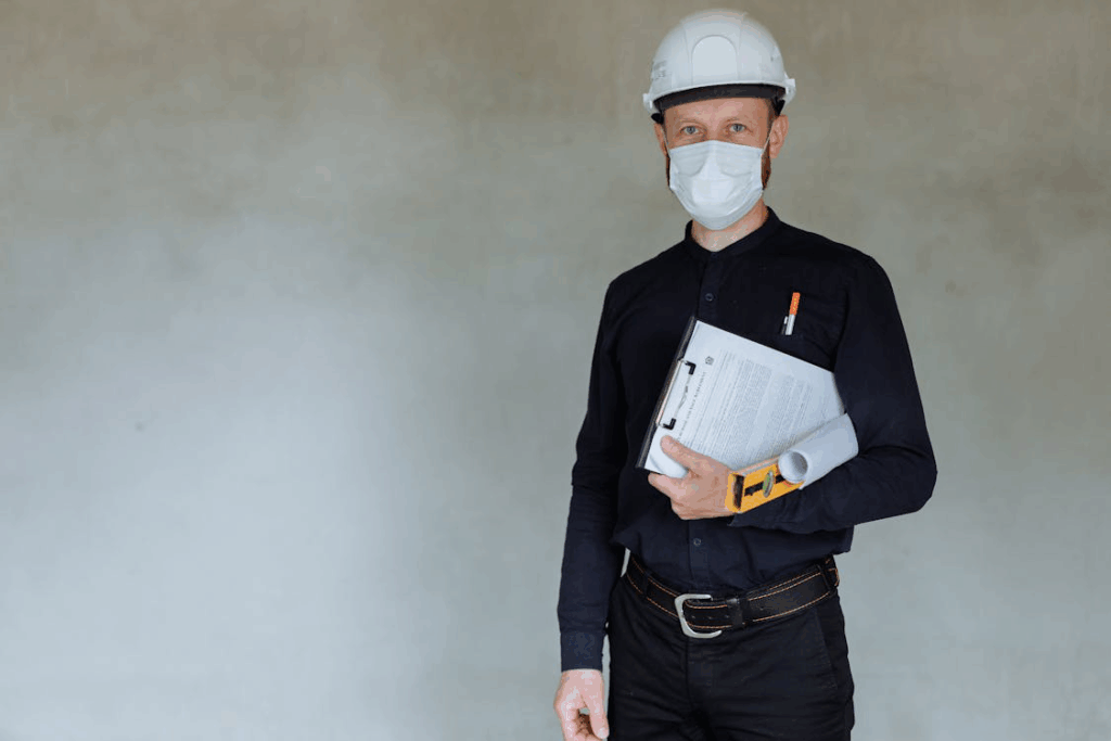An image of a man wearing a helmet and holding papers