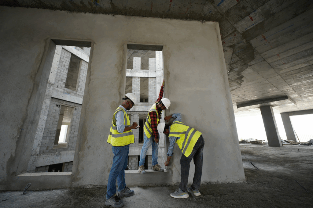 Three workers working at a construction site