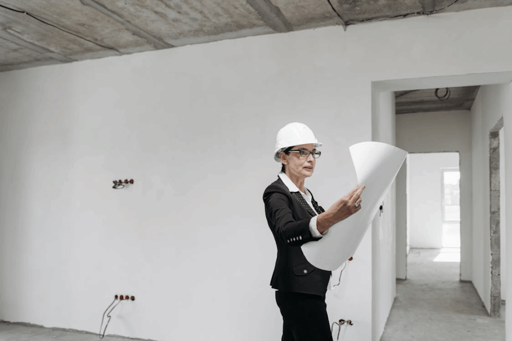 An image of a woman wearing a helmet and holding papers     