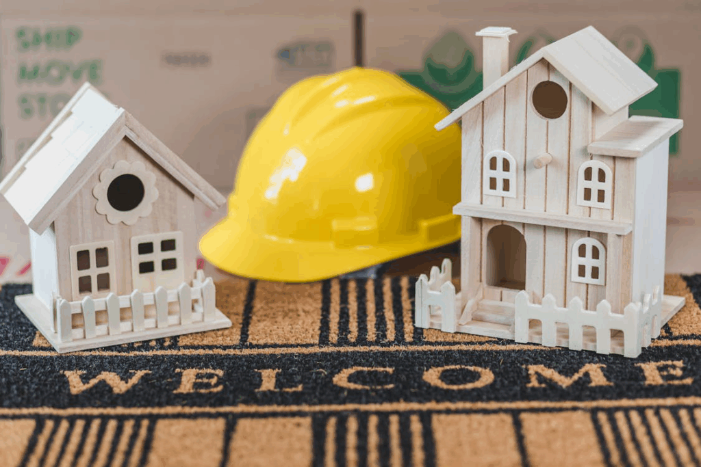 An image of miniature houses and a yellow helmet on a welcome mat