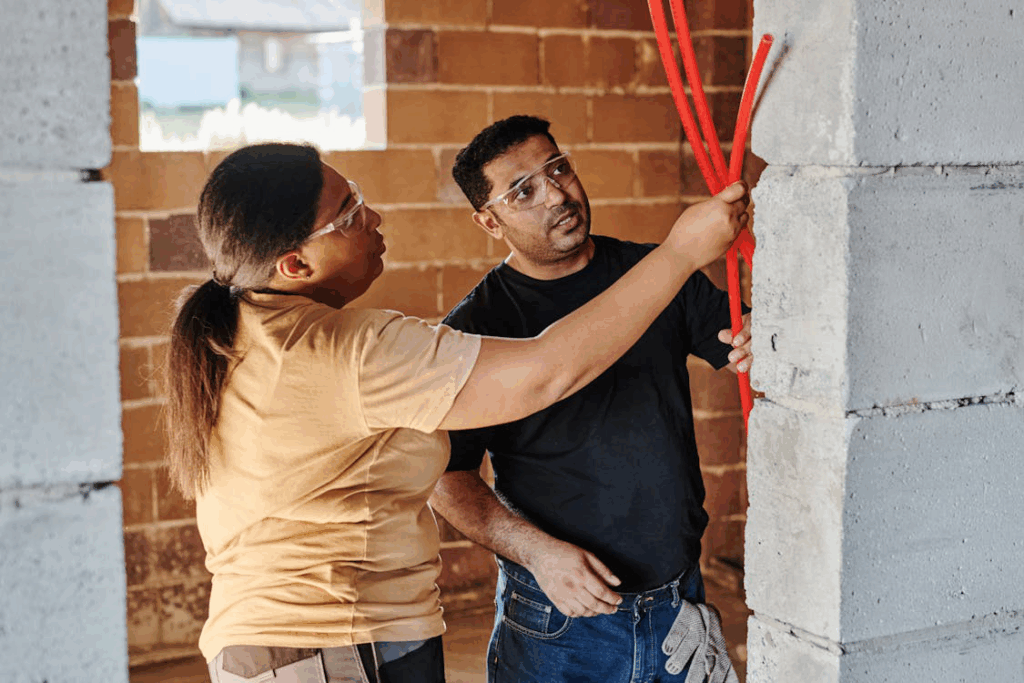 An image of a man and a woman wearing goggles and holding a red pipe