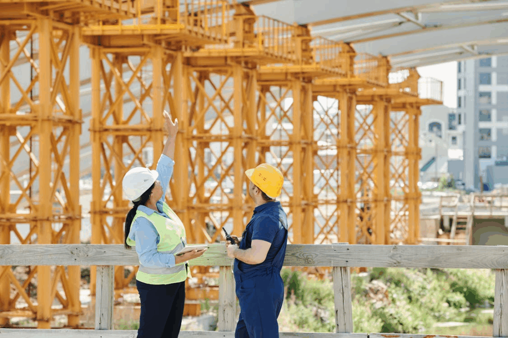 Two people in PPE talking on a construction site