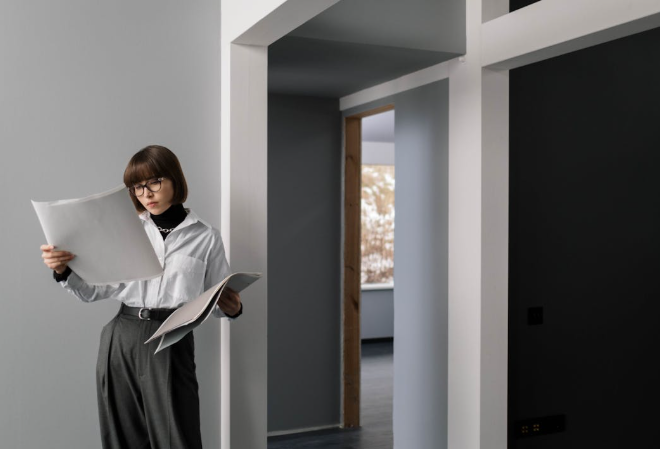  A woman reviewing a project layout on a desk.