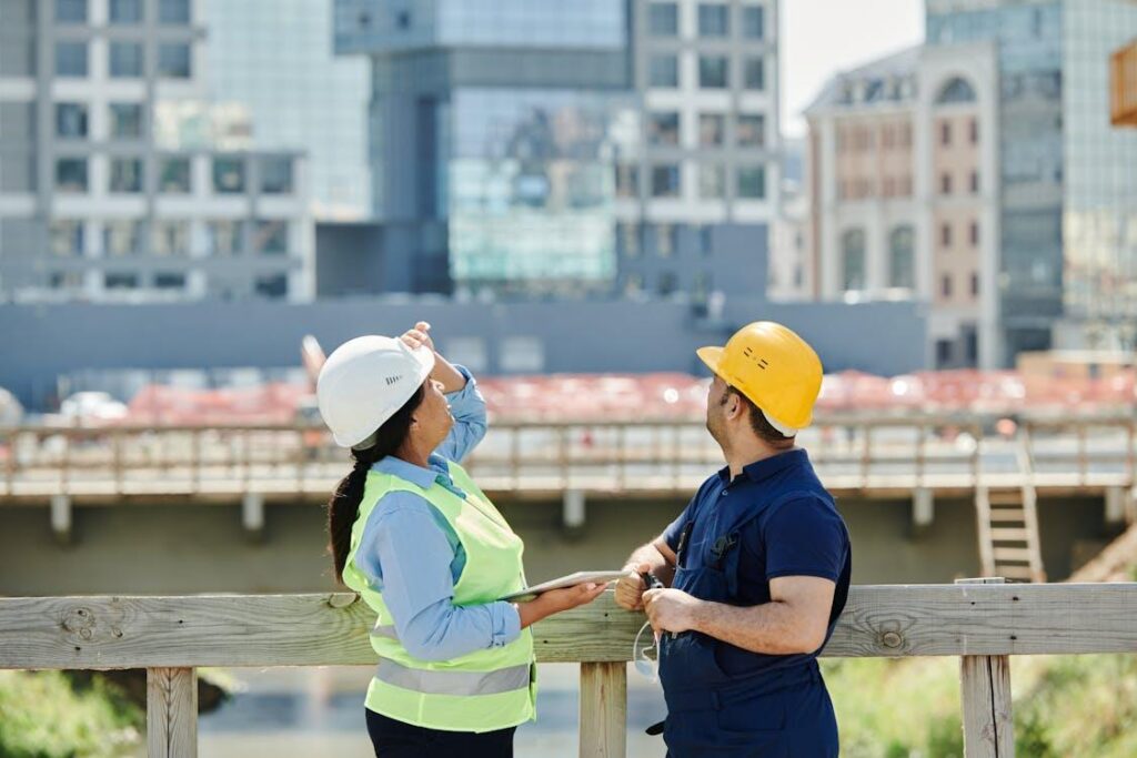 Construction professionals reviewing site progress.